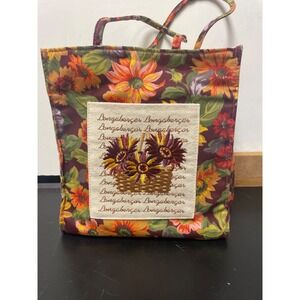 Longaberger Checkered Floral Basket TOTE Bag Purse Pocket 4"x8"x9" Embellished